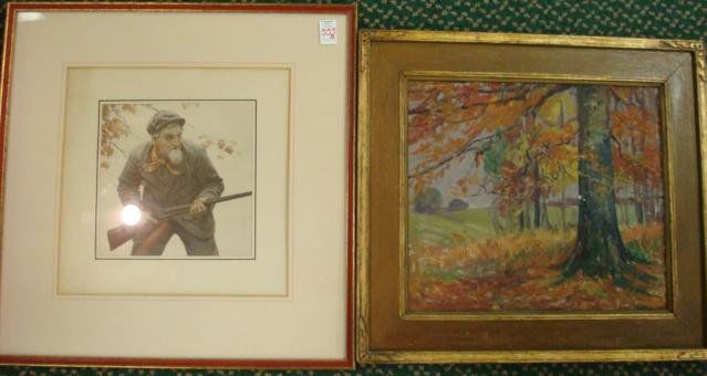 ROBERT ROBINSON Hunter Print of Hunter: ROBERT ROBINSON Hunter Print of Hunter: Bearded Man in Gray Coat with Shotgun. Signed in Plate. Image is 9" X 9", Framed to 21" Square. (30-50)