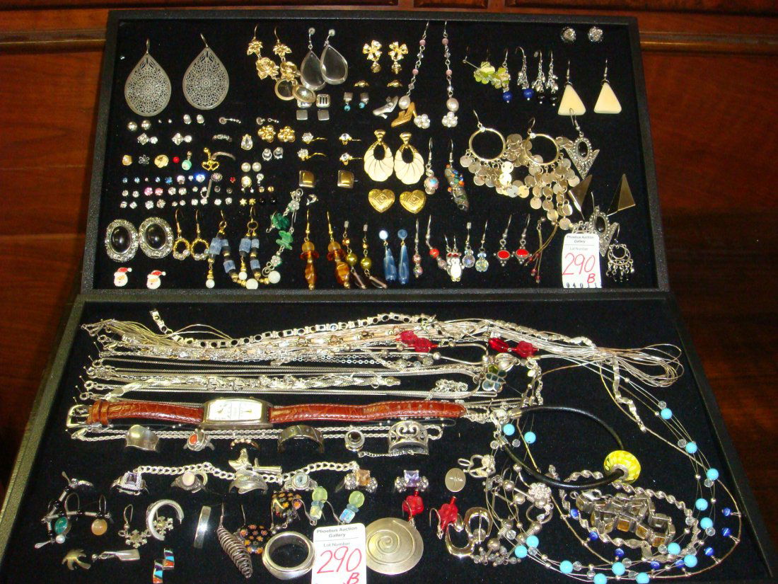 Large Assortment of Costume and Sterling Jewelry: Large Assortment of Costume and Sterling Jewelry: Over 60 Pairs of Earrings, All Pierced. 9 Sterling Rings, 14+ Sterling Chains and Necklaces, Sterling and Beaded Bracelets, Many Fun Figural Costume P