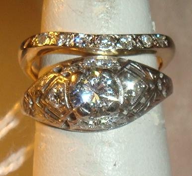 Diamond Filigree Wedding Set, 14K White Gold/Plat:: Diamond Filigree Wedding Set, 14K White Gold/Platinum: Engagement Ring is Platinum, Size 6 with Round Brilliant Center Stone, .71 CT. The Mounting Embellished with 8 -.1 tw Ct. 14K Custom Curved Band 