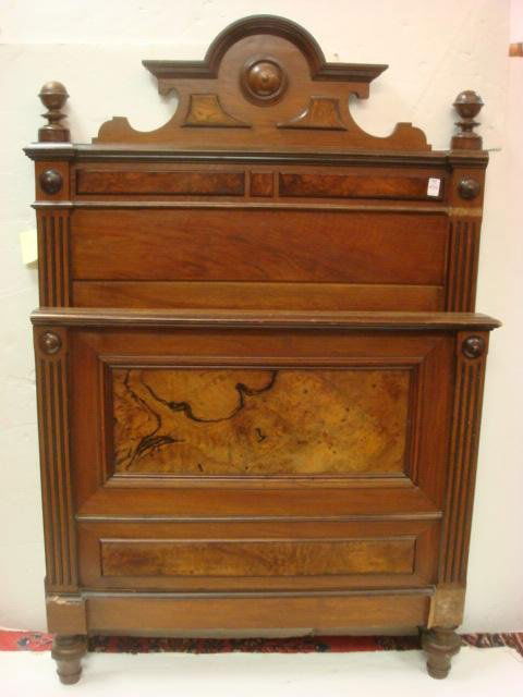 Eastlake Mahogany Twin Beds with Burl Panels: Eastlake Mahogany Twin Beds with Burl Panels: Panel Back with Applied Burl Panels and Ball Finials. Spoon Carved Columns. 5'1"T Headboards. 37"T Footboards. Modified to Make King Size Bed. (400-800)