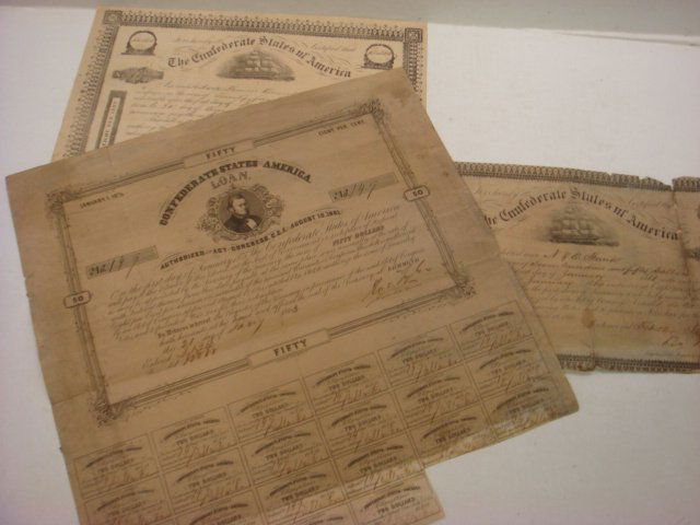 Three Confederate Bonds, "INVEST IN THE REVOLUTION: Three Confederate Bonds, "INVEST IN THE REVOLUTION" An 8% $750 Dollar Bond Dated Feb. 12, 1864, a $2500 8% Bond Dated August 26, 1862 and a $50 Coupon Bond with 22 of 24 Coupons Remaining, Pays $2 per