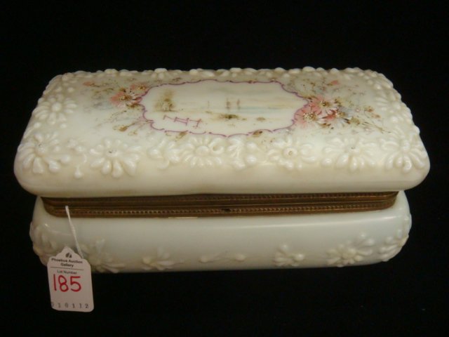 C F MONROE WAVECREST Glove Box: C F MONROE WAVECREST Glove Box: Mold Blown Form with Daisy Pattern. Opal Glass Decorated with Enameled Flower Framed Center Medallion of Sailing Ships. Shattered Satin Lining. Red Banner Mark 10"L. 18