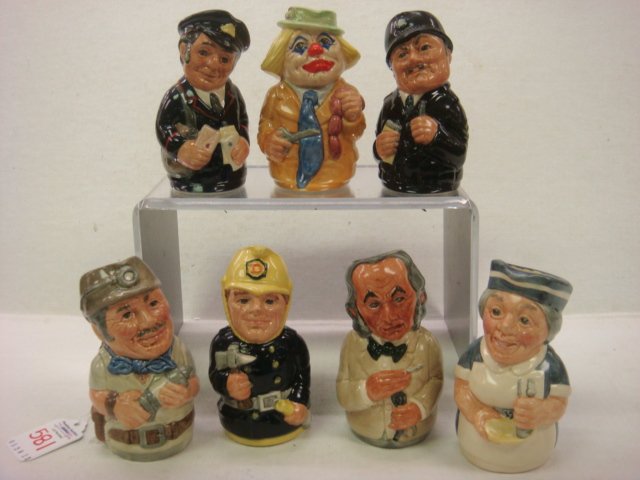 Seven ROYAL DOULTON Doultonville Collection Toby J: Seven ROYAL DOULTON Doultonville Collection Toby Jugs: Includes Mike Mineral the Miner, Miss Nostrum the Nurse, Dr. Pulse the Physician, Fred Fearless the Fireman, Sgt. Peeler the Policeman, Pat Parce