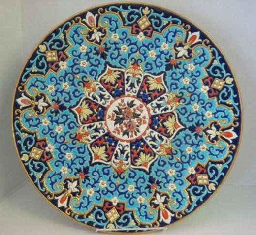 Large LONGWY Limited Edition Enamel Charger: Large LONGWY Limited Edition Enamel Charger: Verone Model, Signed MP Chevalier, Artist from 1925-1972. The Atelier d'Art Mark from 1957. #13 of 150. Incised Cloisonné Style Enamel. Company Establishe