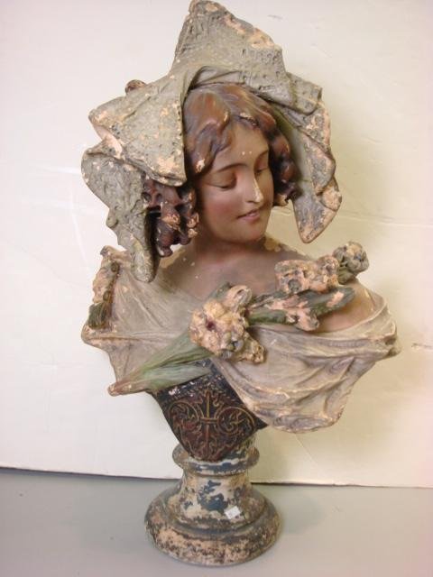 Victorian Plaster Bust: Victorian Plaster Bust: Painted Plaster Female Figure with Large Hat and Bow. Some Paint Loss. Chip on Back of Pedestal. (200-300)