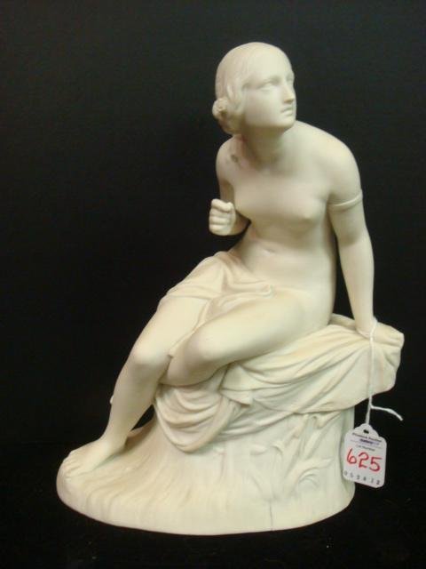 COPELAND Parian Statue of Sabrina the Water Nymph: COPELAND Parian Statue of Sabrina the Water Nymph: Goddess of River Severn From Milton's Poem Comus. After W Calder Marshall, Scottish, 1813-1894. Original Exhibited 1847. Nude Seated Female on Bullru