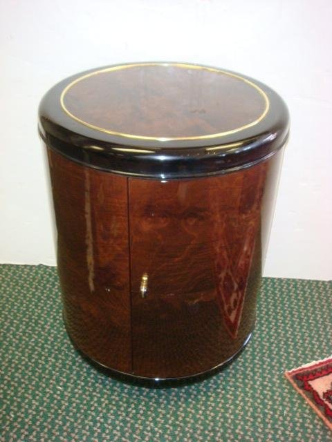 Black and Mahogany Lacquer Barrel Commode:: Black and Mahogany Lacquer Barrel Commode: 2 1/4" Thick Black Beveled Marble Top Sits on Round Lacquered Mahogany Base with Single Door that Opens to Shelved Interior. 27 1/2"T, 19"D. (100-200)