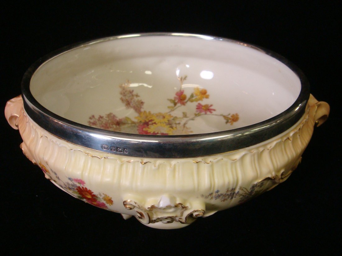 ROYAL WORCESTER Hand Painted Bowl with Sterling R: ROYAL WORCESTER Hand Painted Bowl with Sterling Rim: Porcelain Bowl has Hand Painted Polychrome Floral Inside and Out. Gilt Accents on Foliage. Molded Exterior. Reg Date of 1897. Silver Mark of John R