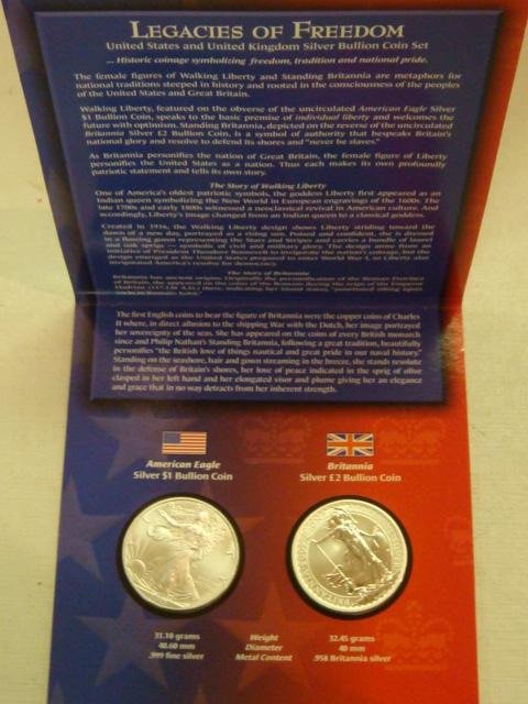 LEGACIES OF FREEDOM, US & UK SILVER BULLION COIN SE: LEGACIES OF FREEDOM, US & UK SILVER BULLION COIN SET: United States Silver Eagle Bullion Coin in Uncirculated Condition 31.10 Grams of .999 Silver and United Kingdom Britannia 2 Pound Bullion Coin 32.