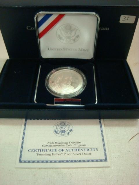 2006P BENJAMIN FRANKLIN PROOF SILVER DOLLAR:: 2006P BENJAMIN FRANKLIN PROOF SILVER DOLLAR: 26.73 Grams of .90 Silver. Obverse is Bust of Benjamin Franklin by Jean-Antoine Houdon and Reverse is taken front Continental Currency Designed by Franklin