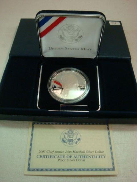 2005P Chief Justice JOHN MARSHALL Proof Silver Doll: 2005P Chief Justice JOHN MARSHALL Proof Silver Dollar 26.73 Grams of .90 Silver. Obverse is Bust of John Marshall Chief Justice 1801-1835 and Reverse is Original Judicial Hall. 26.73 Grams of 90% Silv