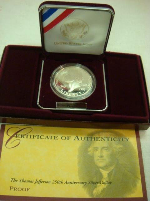 1993 Proof Thomas Jefferson Proof Silver Dollar: 1993 Proof Thomas Jefferson Proof Silver Dollar: 26.73 Grams of 90% Silver from San Francisco Mint and Proof Condition. Obverse Gilbert Stewart Portrait of Thomas Jefferson. Reverse Monticello. Protec
