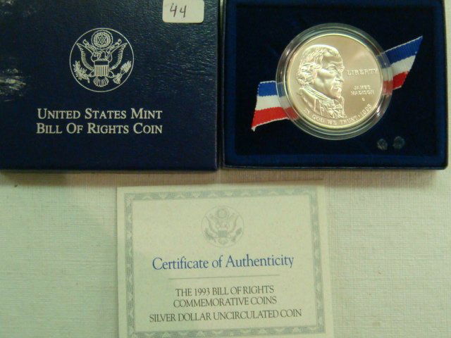 1993 Bill of Rights Silver Dollar Uncirculated Coin: 1993 Bill of Rights Silver Dollar Uncirculated Coin: .76ozt Coin Honors James Madison. Reverse shows Montpieler Virginia Home of James and Dolly Madison. Protective Cover and Display Box and Certifica