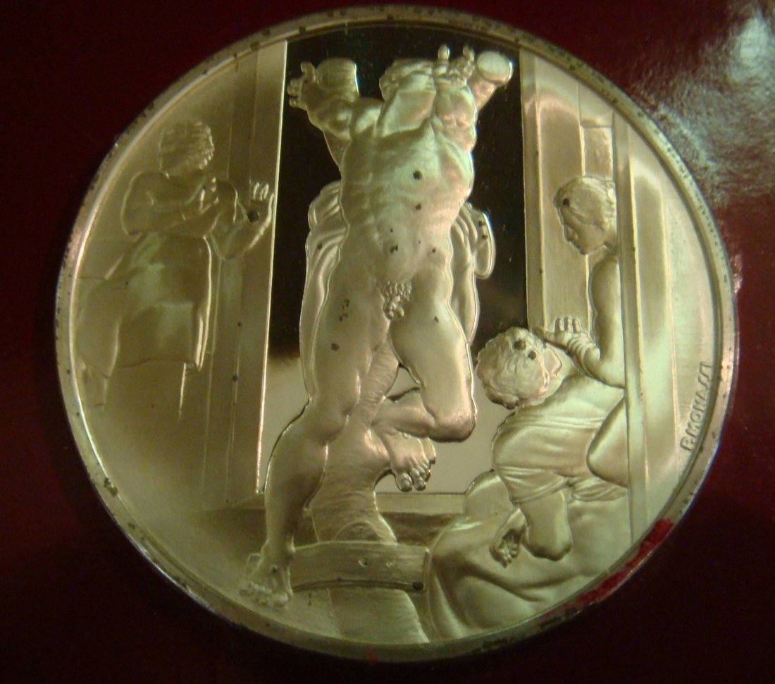 The Genius of Michelangelo Sterling Silver Coin:: The Genius of Michelangelo Sterling Silver Coin: 1.3 Oz, .925% Sterling Silver Coin by Franklin Mint. Depicts the "Death of Haman" Work By Michelangelo. In Proof Condition and in Original Packaging. (
