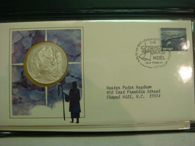 Christmas in Bethlehem 1974 Sterling Silver Coin:: Christmas in Bethlehem 1974 Sterling Silver Coin: Franklin Mint Christmas Series has .57 OZ of Pure Silver in Coin Depicting the Adoration of the Shepherds. The First Day Cover Cachet is Postmarked fr