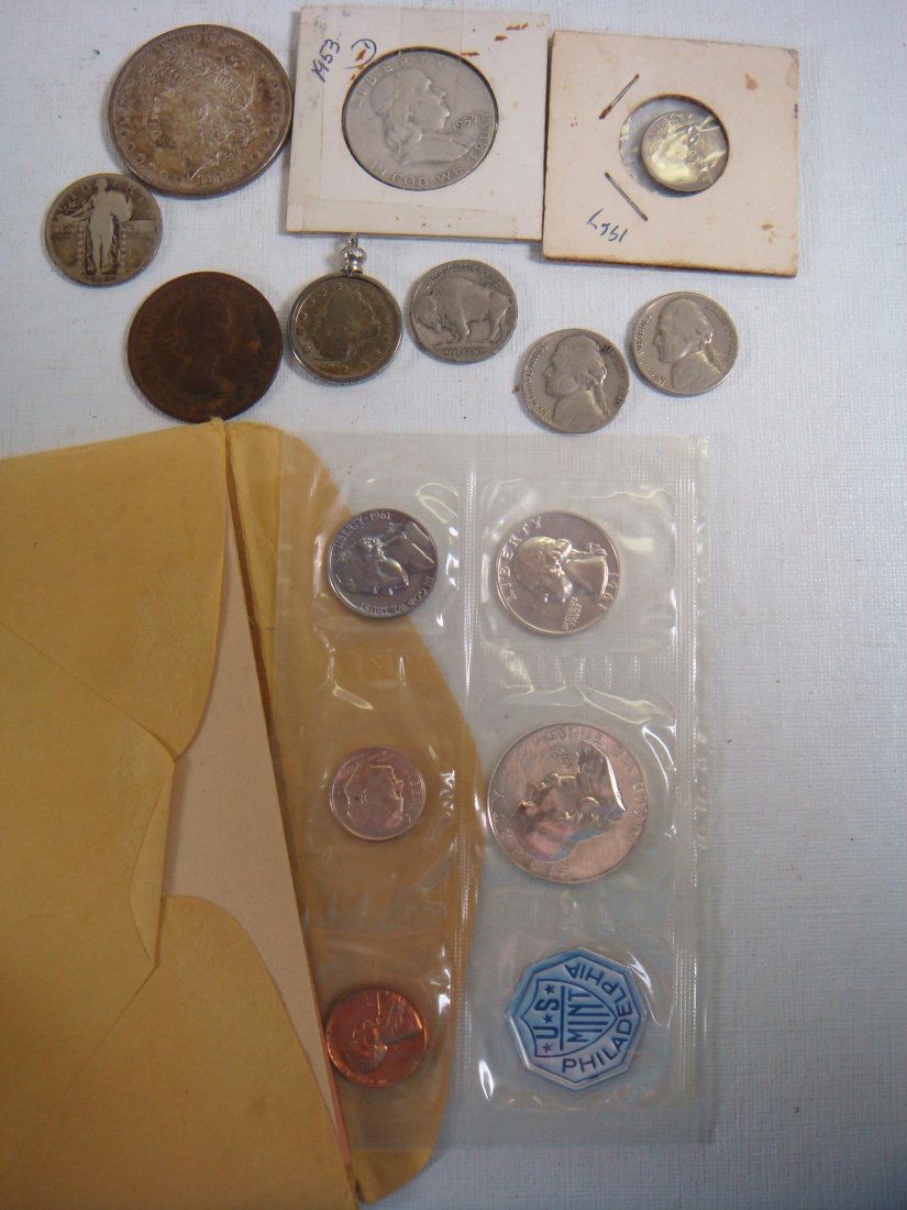 Silver Dollar, Half and Quarter, 1961 Proof Set, +: Silver Dollar, Half and Quarter, 1961 Proof Set, +: 1878S Morgan Dollar, 1953 Franklin Half, 1925 Standing Liberty Quarter, 1910 V Nickel, 1936 Buffalo Nickel, 1964 English Penny, 2 Nickels and a Dime