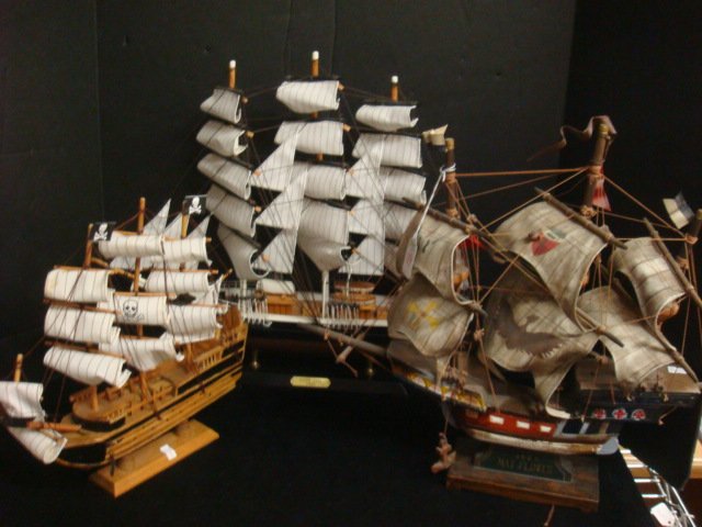 Three Wooden Ship Models:: Wooden Ship Model "CUTTY SARK" Tea-clipper Famous Tea-clipper Named after Witch's In Robert Burns Poem Tam O Shanter. Fully Rigged with Wooden Hull. Painted with Stand and Nameplate. 18"x21 1/2" x 6".