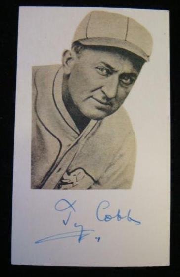 TY Cobb Signed Card, Hall of Fame Baseball Player: TY Cobb Signed Card, Hall of Fame Baseball Player: 3X5 Card with Picture, 1886-1961, Outfielder, 22 Years with Detroit Tigers. Set 90 Records During Career. Feared Hitter and Base Runner. Not the Most