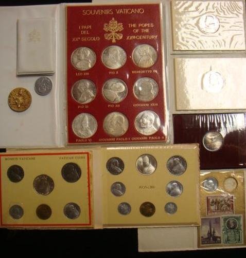 Collection of Vatican Coins and Souvenir Sets: Collection of Vatican Coins and Souvenir Sets: 9 Silver Metal Coins of Popes of XXth Century; 1/2 OZT Each, 3 L500 Fine Silver Coins, 2 x 1978 Coin Sets, 2 x 1957 Coin Set, Other Brass Souvenir Coins.