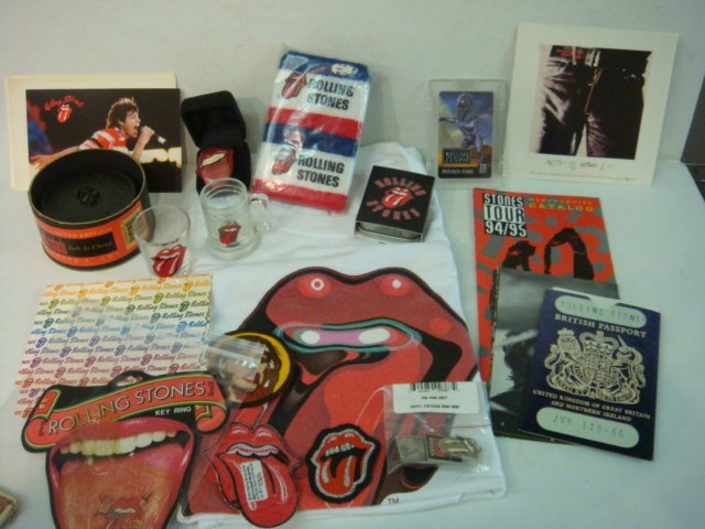 ROLLING STONES MEMORABILIA,: ROLLING STONES MEMORABILIA, HOT LIPS, Ceramic Pin in Box, 15 Minute Prepaid Phone Card, Patches, Pins and Wristbands, Shot glass and Mini tankard, Keith Richard's Talk is Cheap CD Set. Temporary Tatto
