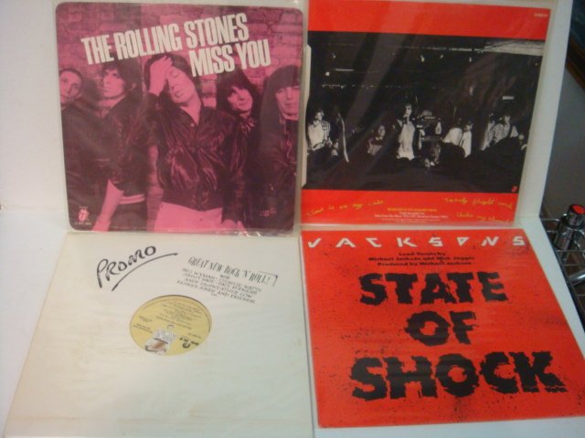 Four ROLLING STONES 33 1/3 RPM Records:: Four ROLLING STONES 33 1/3 RPM Records: Miss You/Far Away Eyes Pink Single, Time is On My Side, Promo Willie and the Poor Boys 1985, State of Shock with Michael Jackson 1984. Vinyl in Good Condition, 