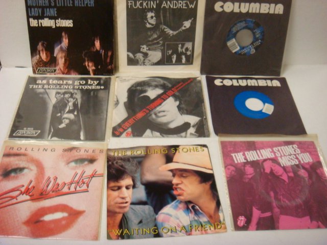 Nine ROLLING STONES 45 RPM Singles:: Nine ROLLING STONES 45 RPM Singles: SHE WAS HOT, WAITING ON A FRIEND, MISS YOU, LADY JANE, AS TEARS GO BY, EVERYTHING TURNING TO GOLD, ROCK & A HARD PLACE, MIXED EMOTIONS, FUCKIN' ANDREW. Vinyl is nea