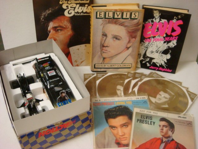 Elvis Presley Books and Memorabilia & 10 Singles:: Elvis Presley Books and Memorabilia: Three Books and Die Cast Collector Funny Car, 1998 Limited Edition. 124 Scale. Books are Elvis, Elvis the Final Years and The Illustrated Elvis. (50-100)