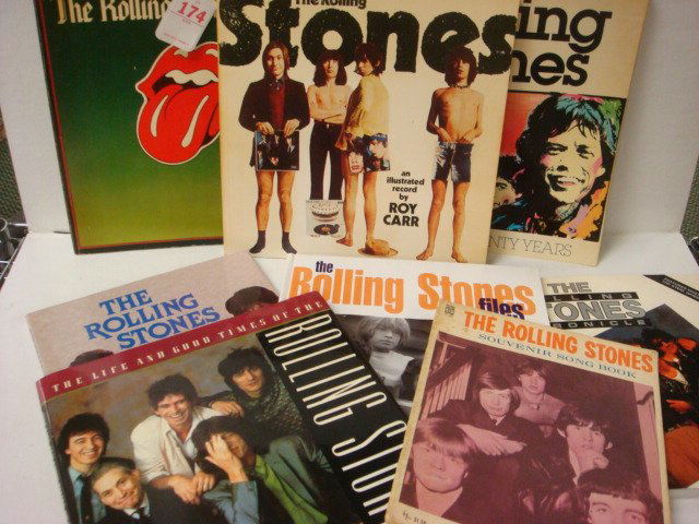 Eight Rolling Stones Books: Eight Rolling Stones Books: An Illustrated Record, Rolling Stones File, Life and Good Times, Chronicle, First 20 Years, On Tour, The Rolling Stones and Souvenir Song Book. (100-200)