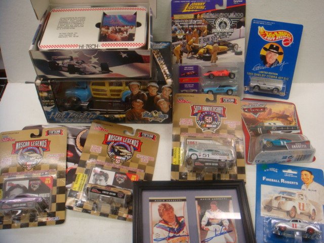 Signed Andretti Cards, Die Cast Cars, Tin with Car: Signed Andretti Cards, Die Cast Cars, Tin with Cards: Two Signed Mario Andretti Collector Cards, Limited Ed Beach Boys Die Cast Street Car, Eight Die Cast Cars in Original Packaging Including Nazca an