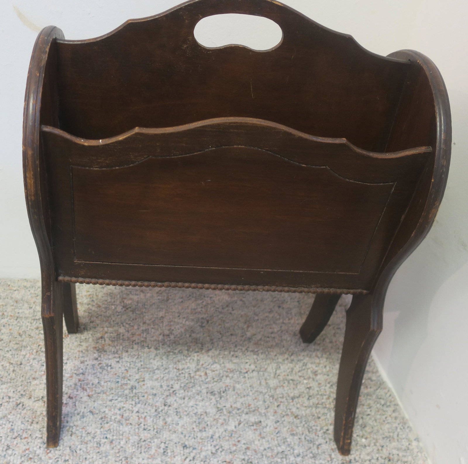 Vintage Double Pocket Magazine Holder or Canterbury:: Vintage Double Pocket Magazine Holder or Canterbury: Center Wooden Handle across top for Carrying. Rounded Ends with Line Carvings and Slightly Splayed Legs, Bead Trim. Measures 25" x 11" x 18". (80-1