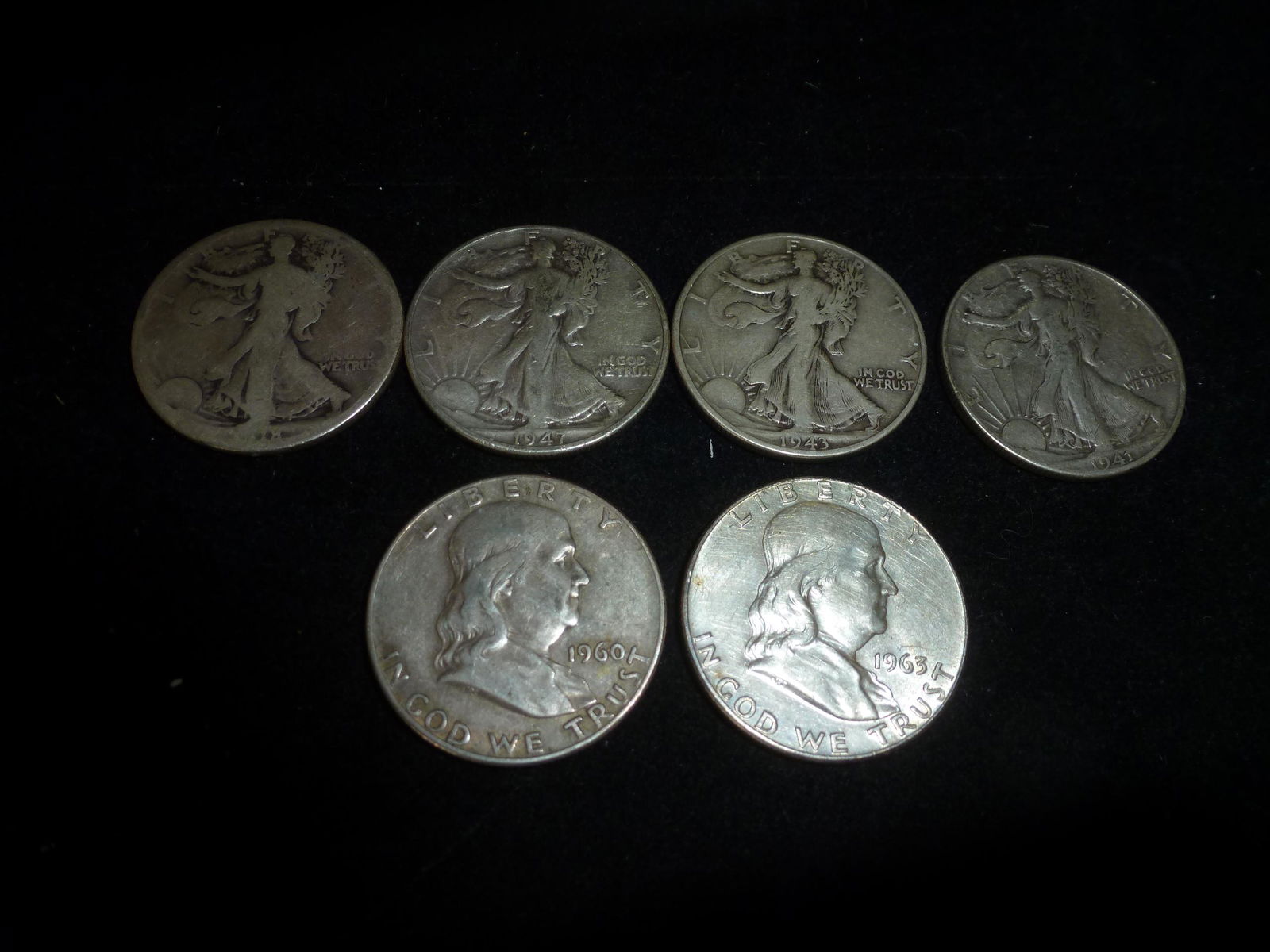 Four WALKING LIBERTY and Two FRANKLIN HALFS: (1 of 2)