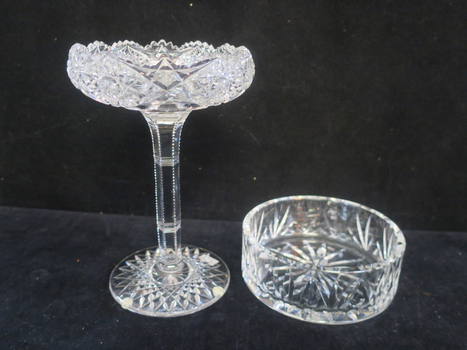 WATERFORD Bowl and Cut Crystal Tall Compote:: WATERFORD Bowl and Cut Crystal Tall Compote: Flat Bottom Waterford Bowl or Wine Coaster is 2 1/2"T, 6"D. Faint Waterford Mark. Cut Crystal Compote is 8 3/4"T, 6"D. Notched Stem and Star Cut Foot. No D