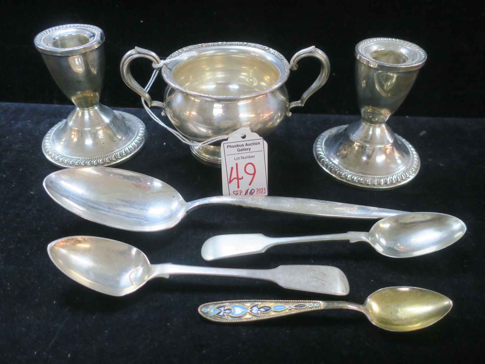 Sterling Silver Sugar Bowl, Candlesticks and Spoons: (1 of 3)