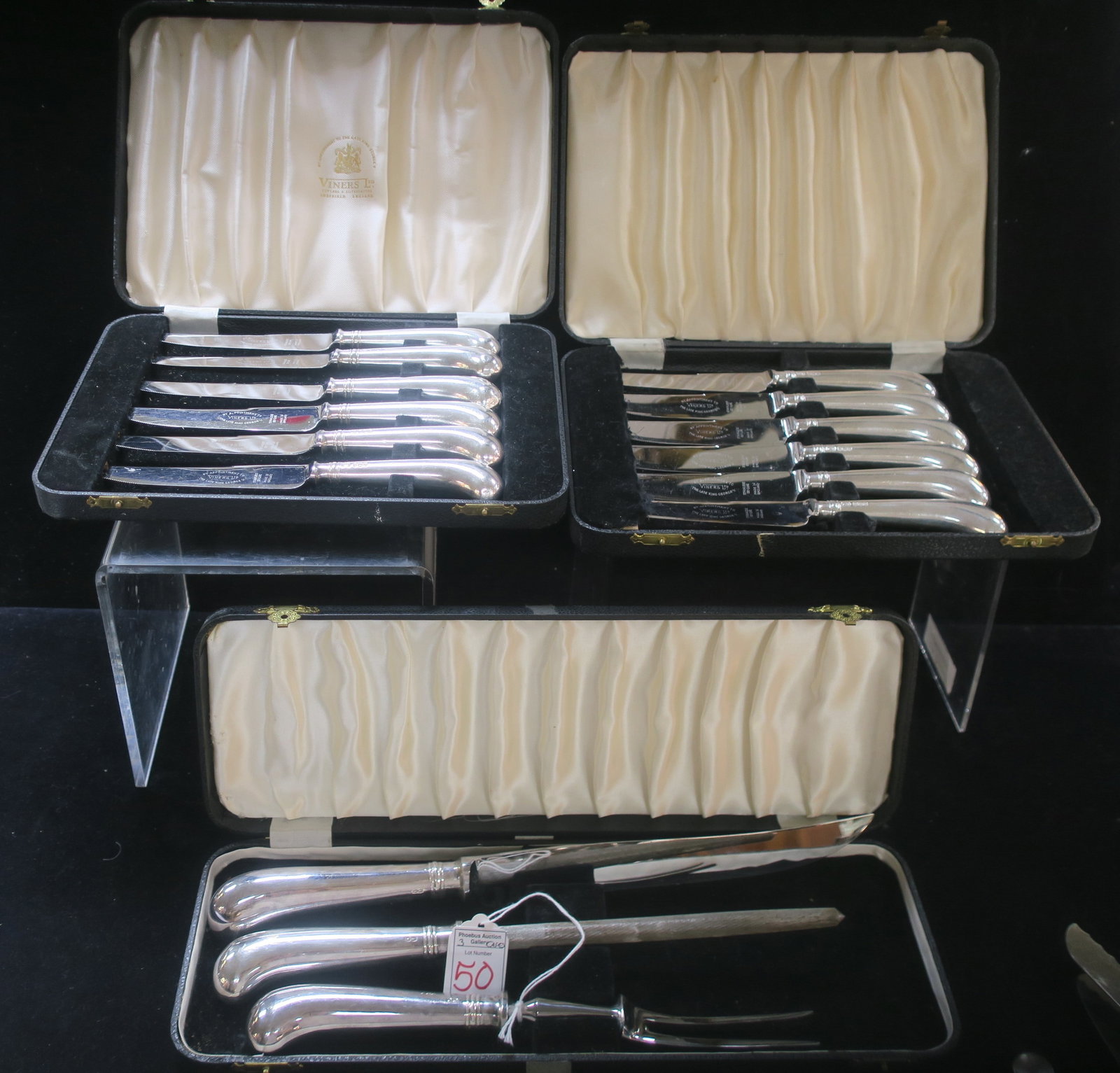 English Sheffield Sterling Handled Carving/Knife Set:: English Sheffield Sterling Handled Carving/Knife Set: Three Piece Carving Set with Knife, Fork and Sharpener in Original Lined Case. Twelve Knives in Two Cases. Marked on Stainless Blades "By Appointm