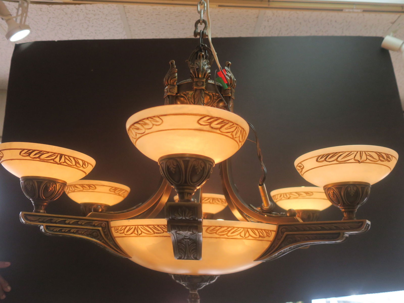 Seven Light Alabaster Glass and Bronze Chandelier: (1 of 4)