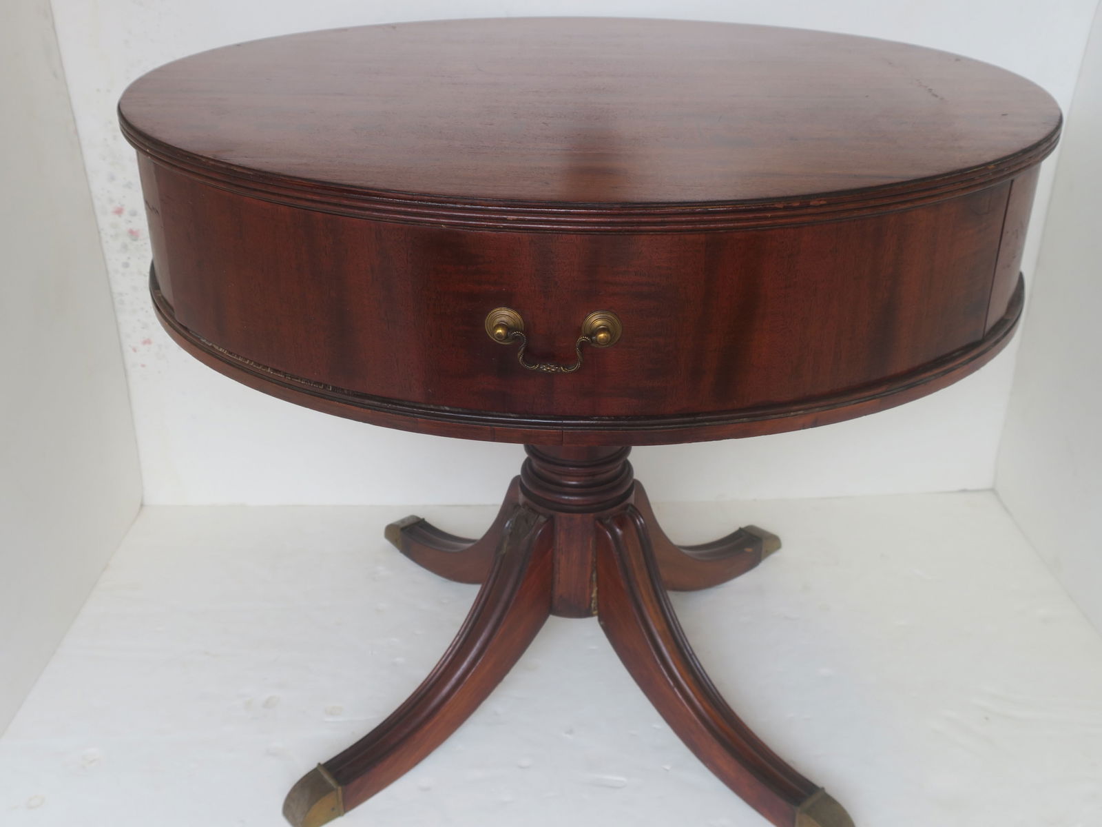 Round Table with Thru and Swing out Butterfly Drawers:: Round Table with Thru and Swing out Butterfly Drawers: Round Liqueur Table. Center Through Drawer with Bail Handles is Fitted for 24 Glasses and Cutout Handles to Use as a Tray. Single Pedestal Table