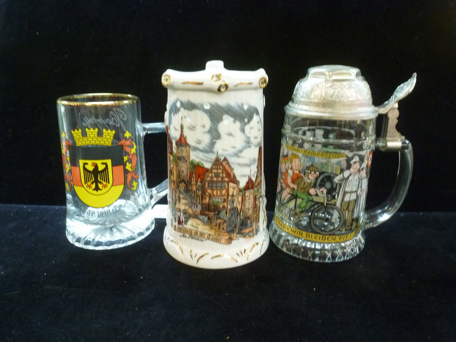 Three Modern German Beer Mugs Steins:: Three Modern German Beer Mugs Steins: Trick Rotenburg an der Tauber Puzzle Mug with Nude Lithophane, Glass Stein with Bicycle Bell to Order More Beer and Glass Mug with German Eagle and Flag Motif. (8