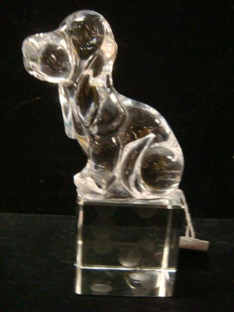 DAUM France Crystal Bassett Hound on Dice Stand: DAUM France Crystal Bassett Hound on Dice Stand: 3 3/4"T Dog, Signed on Base. Unmarked Die Cube Stand. (60-80)