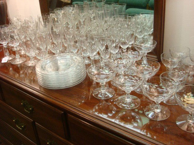 Fifty Four Piece CAMBRIDGE Ardsley Stems and Plate: Fifty Four Piece CAMBRIDGE Ardsley Stems and Plates: 8 Each 3 1/8" Stems, 3 1/2" Sherbets, 5 1/4" Cordials, 4 1/2" White Wine, 6"T Water, 6 1/2" Red Wine, 4 3/4"T Sherbets, 7 3/8" Plates. (100-200)