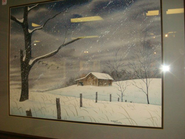 Signed ROBERT CLONTZ Snowy Landscape Watercolor: Signed ROBERT CLONTZ Snowy Landscape Watercolor: Signed Lower Right. Wooden Barn in Stark Wooded Landscape Double Matted and Framed to 26" X 32 1/2. (300-450)