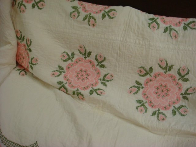 Queen Size Cross Stitch Hand Worked Quilt:: Queen Size Cross Stitch Hand Worked Quilt: Pink and Green Flower Heads on White with Scalloped Edge. (80-150)