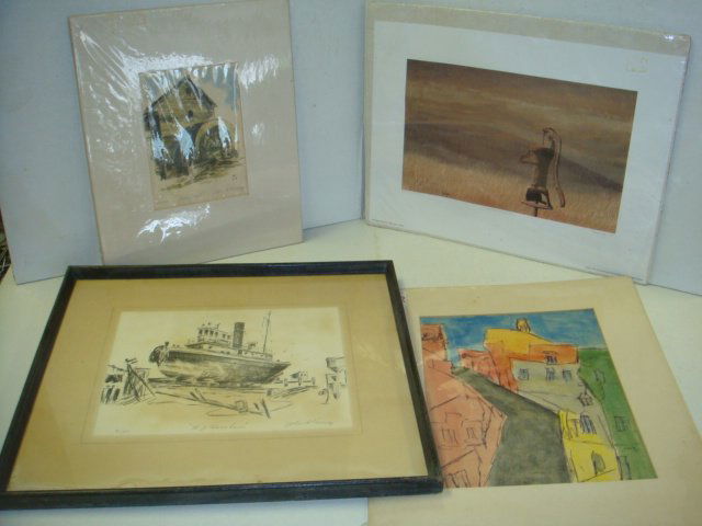 Four Signed Prints and Watercolor: Four Signed Prints and Watercolor: Herb Jones A/P, Golden Fields, Signed in Pencil. 2 Numbered Prints by John B Tenney, Norfolk Artist, Died 1989, Tidemill and WJ Harahan. Elsa Gerst, Norfolk, 1904-19
