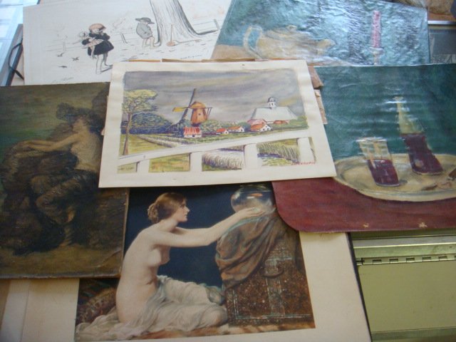 Portfolio of 11 Signed Prints, Watercolors and Oil: Portfolio of 11 Signed Prints, Watercolors and Oils: F Morrow Oil of Female, Reston Print, 2 Still-life's Signed MM, Averstoep Watercolor, Print of Girl with Goldfish, Signed Jargun Etching, Rivera Pr