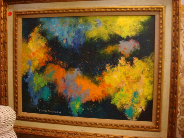 Oil on Board Signed PETER TURCHON, Title Fantasia:: Oil on Board Signed PETER TURCHON, Title Fantasia: Signed on Front and Back. Called Himself a Romantic Realism Artist. 25" X 19" in 4" Frame Hand carved From Tiawan. Bursts of Orange and Yellow on Nav