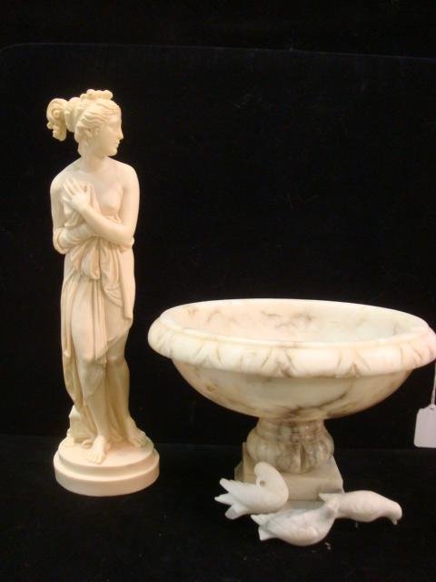 SANTINI Figure of Venus, Decorative Marble Birdbat: SANTINI Figure of Venus, Decorative Marble Birdbath: 16"T Draped Nude, Marked on Base. Line Carved Bath on Squared Step Base with Birds Perched Along Rim (One Missing). (50-90)