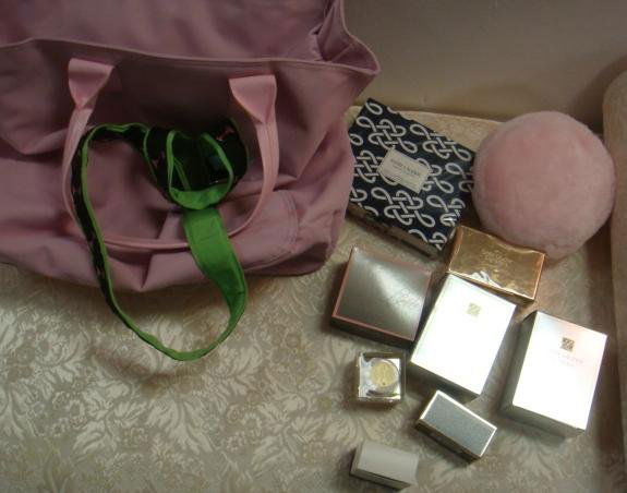 New in Boxes Pink Tote with Cosmetics: New in Boxes Pink Tote with Cosmetics: Estee Lauder Creams, Makeup and Power Puff. Lieber Purse Fragrance, Bill Blass Perfume, Eliza B Belt, Perfumer for Purse. Tote Has Outside and Inside Pockets. (1