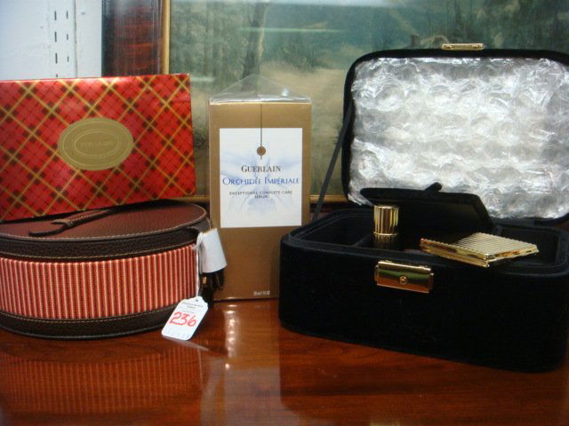 New in Box Makeup and Perfumes by Various Makers: New in Box Makeup and Perfumes by Various Makers: Geurlain Serums, Makeup Bag with Perfume and Makeup, Versace Perfume, Estee Lauder Padded Jewelry Box: (100-200)