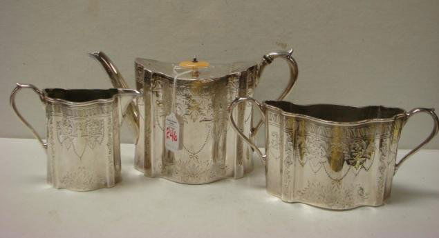 Antique JOSEPH RIDGE & CO Silver-plate 3 Pc Tea Se: Antique JOSEPH RIDGE & CO Silver-plate 3 Pc Tea Set: Made in Sheffield England 1881-1886. Heavenly Chased Set Includes 4 1/4"T Double Handled Open Sugar Bowl, 4 1/2"T Creamer and 6"T Teapot. Knob on L