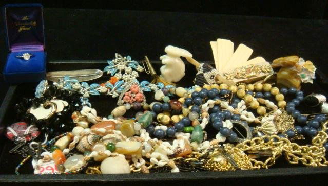 Assortment of Costume Jewelry and Accessories: Assortment of Costume Jewelry and Accessories: Agate Necklace and Rabbits, Shell Necklace and Bracelet, Coro Enamel Necklace, Pendants, Earrings, Coalbrook Porcelain Pin, Vanderbuilt Ring, Shoe Clip,