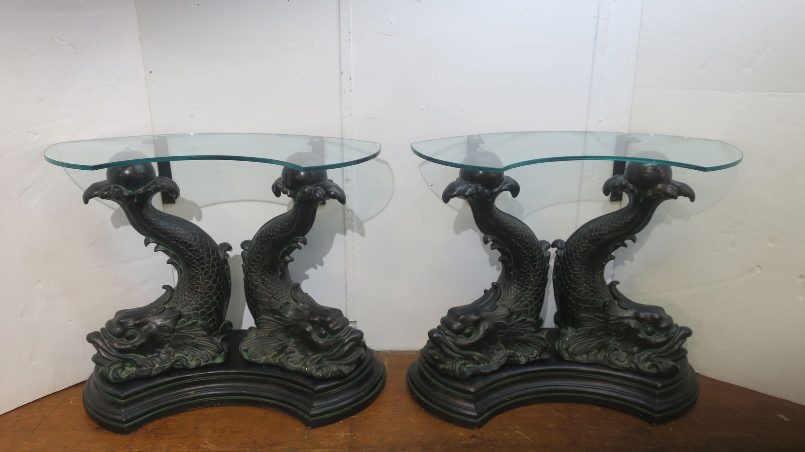 Pair of Dolphin Base, Glass Top Console Tables: (1 of 3)